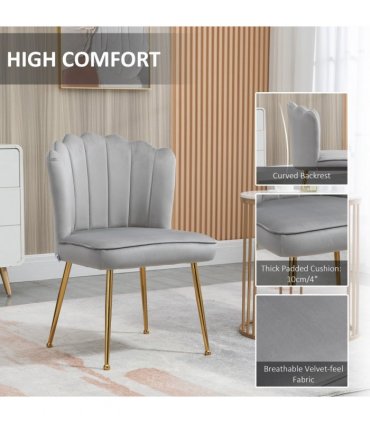 Velvet-Feel Shell Luxe Accent Chair Home Bedroom Lounge Metal Legs Grey
