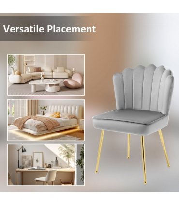 Velvet-Feel Shell Luxe Accent Chair Home Bedroom Lounge Metal Legs Grey