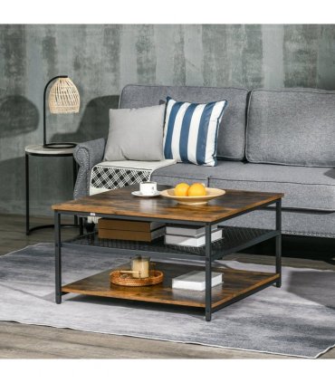 HOMCOM Industrial Coffee Table, Cocktail Table  Storage Shelves, Rustic Brown