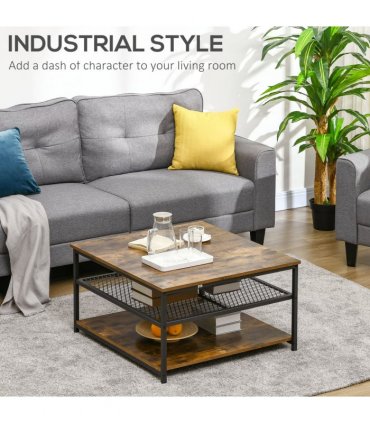 HOMCOM Industrial Coffee Table, Cocktail Table  Storage Shelves, Rustic Brown