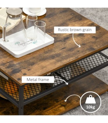 HOMCOM Industrial Coffee Table, Cocktail Table  Storage Shelves, Rustic Brown
