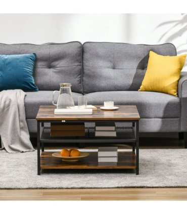 HOMCOM Industrial Coffee Table, Cocktail Table  Storage Shelves, Rustic Brown