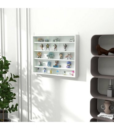 Wall Display Shelf Unit Cabinet 5-Tier Glass Doors White Particle Board