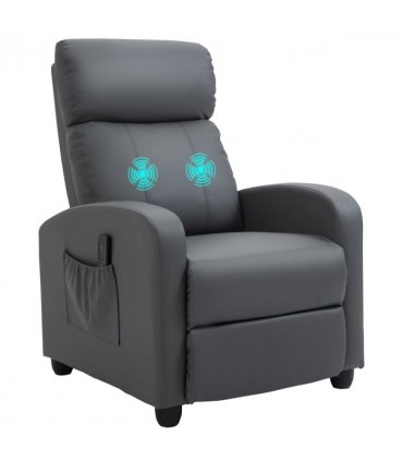 HOMCOM Recliner Armchair, Massage Faux Leather Push Back Reclining Chair with Adjustable Leg Rest, Side Pocket, for Home Living Room Theatre, Grey