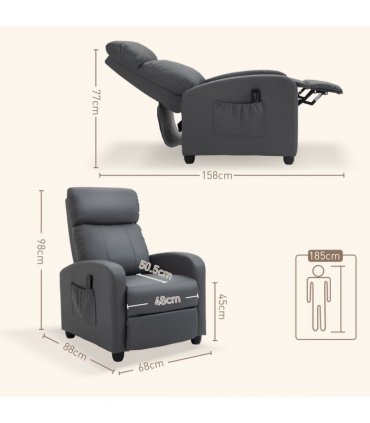 HOMCOM Recliner Armchair, Massage Faux Leather Push Back Reclining Chair with Adjustable Leg Rest, Side Pocket, for Home Living Room Theatre, Grey