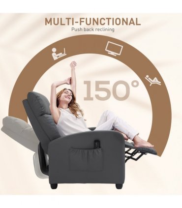 HOMCOM Recliner Armchair, Massage Faux Leather Push Back Reclining Chair with Adjustable Leg Rest, Side Pocket, for Home Living Room Theatre, Grey