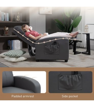 HOMCOM Recliner Armchair, Massage Faux Leather Push Back Reclining Chair with Adjustable Leg Rest, Side Pocket, for Home Living Room Theatre, Grey