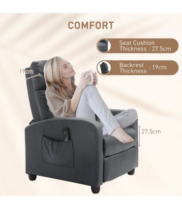 HOMCOM Recliner Armchair, Massage Faux Leather Push Back Reclining Chair with Adjustable Leg Rest, Side Pocket, for Home Living Room Theatre, Grey