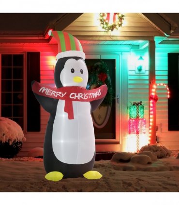 HOMCOM 8ft Inflatable Penguin & Christmas Banner Decoration Inner LED Lights