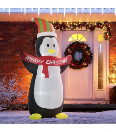 HOMCOM 8ft Inflatable Penguin & Christmas Banner Decoration Inner LED Lights