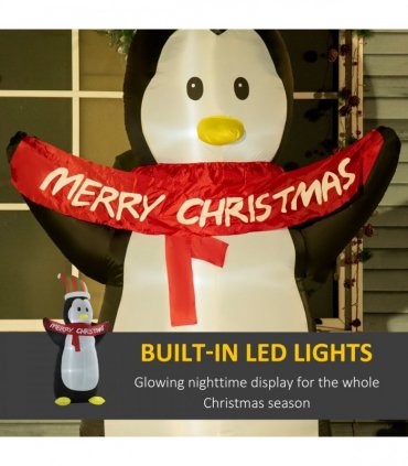 HOMCOM 8ft Inflatable Penguin & Christmas Banner Decoration Inner LED Lights