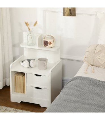 Bedside Table White 40L x 30D x 60H cm 2 Drawers Particle Board Storage Shelves