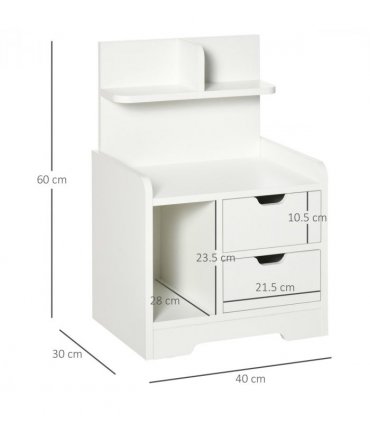Bedside Table White 40L x 30D x 60H cm 2 Drawers Particle Board Storage Shelves
