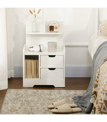 Bedside Table White 40L x 30D x 60H cm 2 Drawers Particle Board Storage Shelves