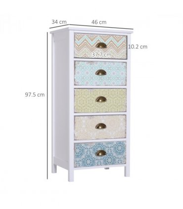 Storage Chest Unit Dresser 5 Drawer Retro Style Wood White Entryway