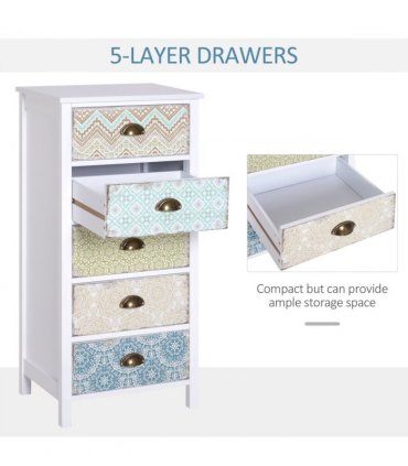 Storage Chest Unit Dresser 5 Drawer Retro Style Wood White Entryway
