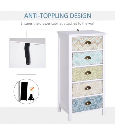 Storage Chest Unit Dresser 5 Drawer Retro Style Wood White Entryway
