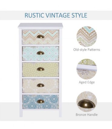 Storage Chest Unit Dresser 5 Drawer Retro Style Wood White Entryway