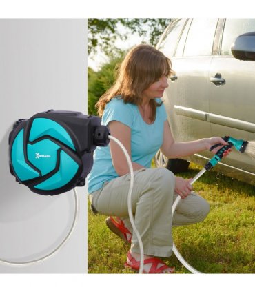 Garden Water Hose Reel 10M Blue Plastic Auto Retract Spray Locking Durhand