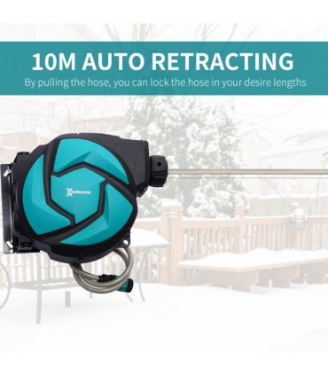 Garden Water Hose Reel 10M Blue Plastic Auto Retract Spray Locking Durhand