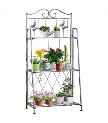 METAL PLANT STAND: 3-Tier Silver Folding Display Rack 44Lx25Wx96H cm
