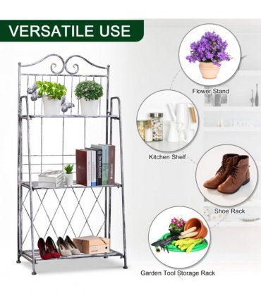 METAL PLANT STAND: 3-Tier Silver Folding Display Rack 44Lx25Wx96H cm