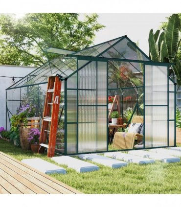 8x12ft Polycarbonate Walk-in Greenhouse Outdoor Double Sliding Door Outsunny
