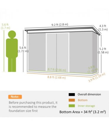 Outdoor Garden Storage Shed Galvanised Steel Dark Grey 280L x 130W x 172Hcm