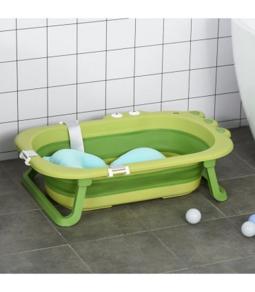 Baby Bath Tub for Toddler Foldable w/ Baby Cushion for 0-3 Years Green HOMCOM