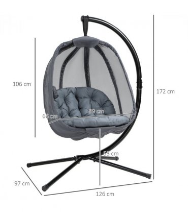 Steel Grey 172H x 126L x 97Wcm Folding Hanging Egg Chair w/ Cushion and Stand