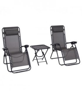 Garden Recliner Chairs Set - 3PC Zero Gravity Chairs Sun Lounger Table Dark Grey