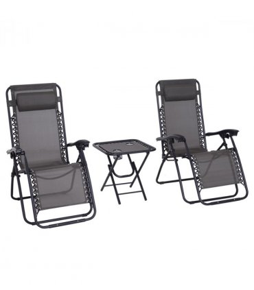 Garden Recliner Chairs Set - 3PC Zero Gravity Chairs Sun Lounger Table Dark Grey
