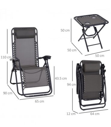 Garden Recliner Chairs Set - 3PC Zero Gravity Chairs Sun Lounger Table Dark Grey