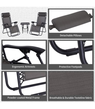 Garden Recliner Chairs Set - 3PC Zero Gravity Chairs Sun Lounger Table Dark Grey