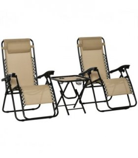 3PC Zero Gravity Chairs Sun Lounger Table Set, Beige, Steel, 110H x 65W x 90Lcm
