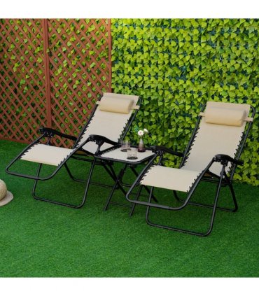 3PC Zero Gravity Chairs Sun Lounger Table Set, Beige, Steel, 110H x 65W x 90Lcm