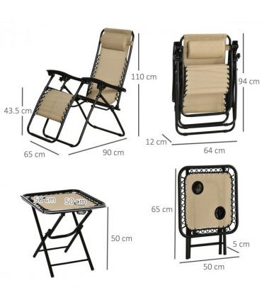 3PC Zero Gravity Chairs Sun Lounger Table Set, Beige, Steel, 110H x 65W x 90Lcm