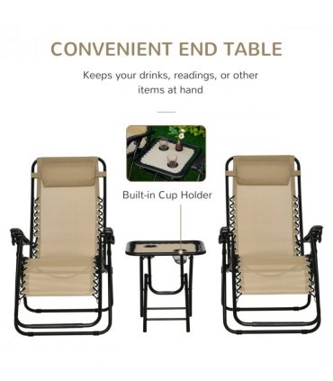 3PC Zero Gravity Chairs Sun Lounger Table Set, Beige, Steel, 110H x 65W x 90Lcm