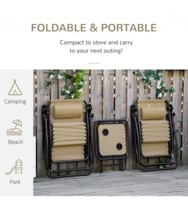 3PC Zero Gravity Chairs Sun Lounger Table Set, Beige, Steel, 110H x 65W x 90Lcm