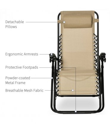 3PC Zero Gravity Chairs Sun Lounger Table Set, Beige, Steel, 110H x 65W x 90Lcm