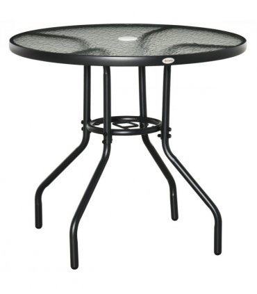 Outdoor Round Dining Table Tempered Glass Top Steel Black 80 x 72Hcm