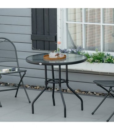 Outdoor Round Dining Table Tempered Glass Top Steel Black 80 x 72Hcm