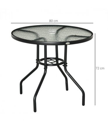 Outdoor Round Dining Table Tempered Glass Top Steel Black 80 x 72Hcm
