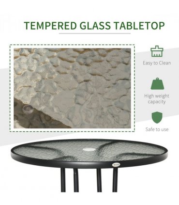 Outdoor Round Dining Table Tempered Glass Top Steel Black 80 x 72Hcm