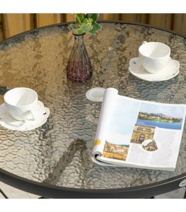 Outdoor Round Dining Table Tempered Glass Top Steel Black 80 x 72Hcm