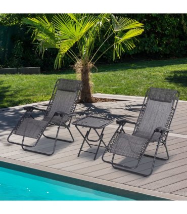 3PC Zero Gravity Chairs Sun Lounger Table Set Cup Holders - Light Grey Outsunny