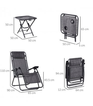 3PC Zero Gravity Chairs Sun Lounger Table Set Cup Holders - Light Grey Outsunny