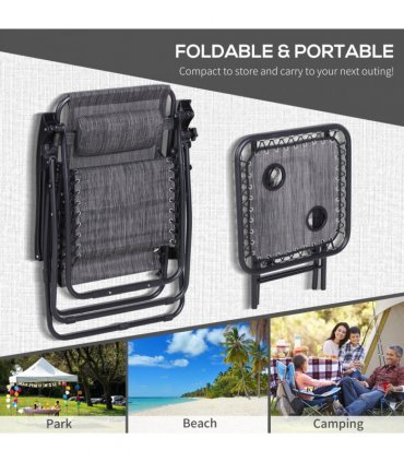 3PC Zero Gravity Chairs Sun Lounger Table Set Cup Holders - Light Grey Outsunny