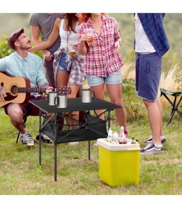 Aluminum Camping Table Roll-Top Folding Table Picnic Table w/ Mesh Bag, Black