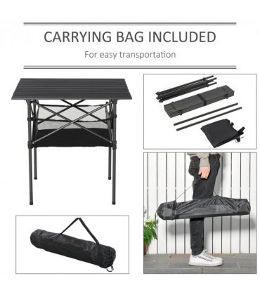 Aluminum Camping Table Roll-Top Folding Table Picnic Table w/ Mesh Bag, Black
